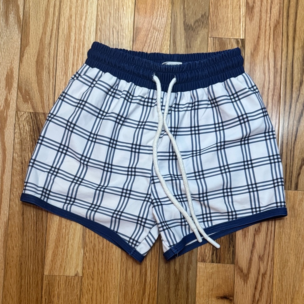 Kids Navy & White Plaid Swim Trunks with Drawstring
